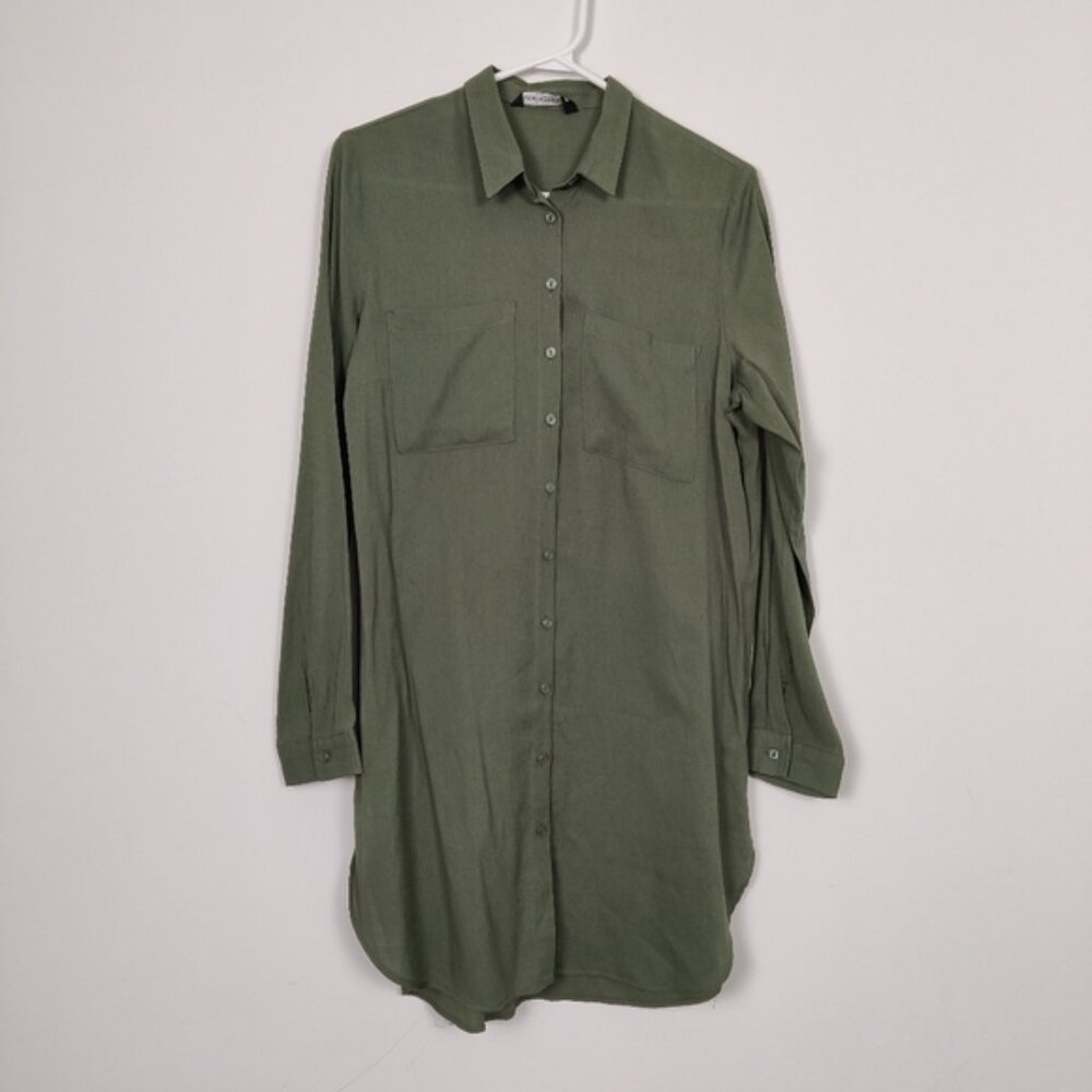 LCW Modest Women's Button Down Shirt Tunic Dress in Green Size EU 38 Fall